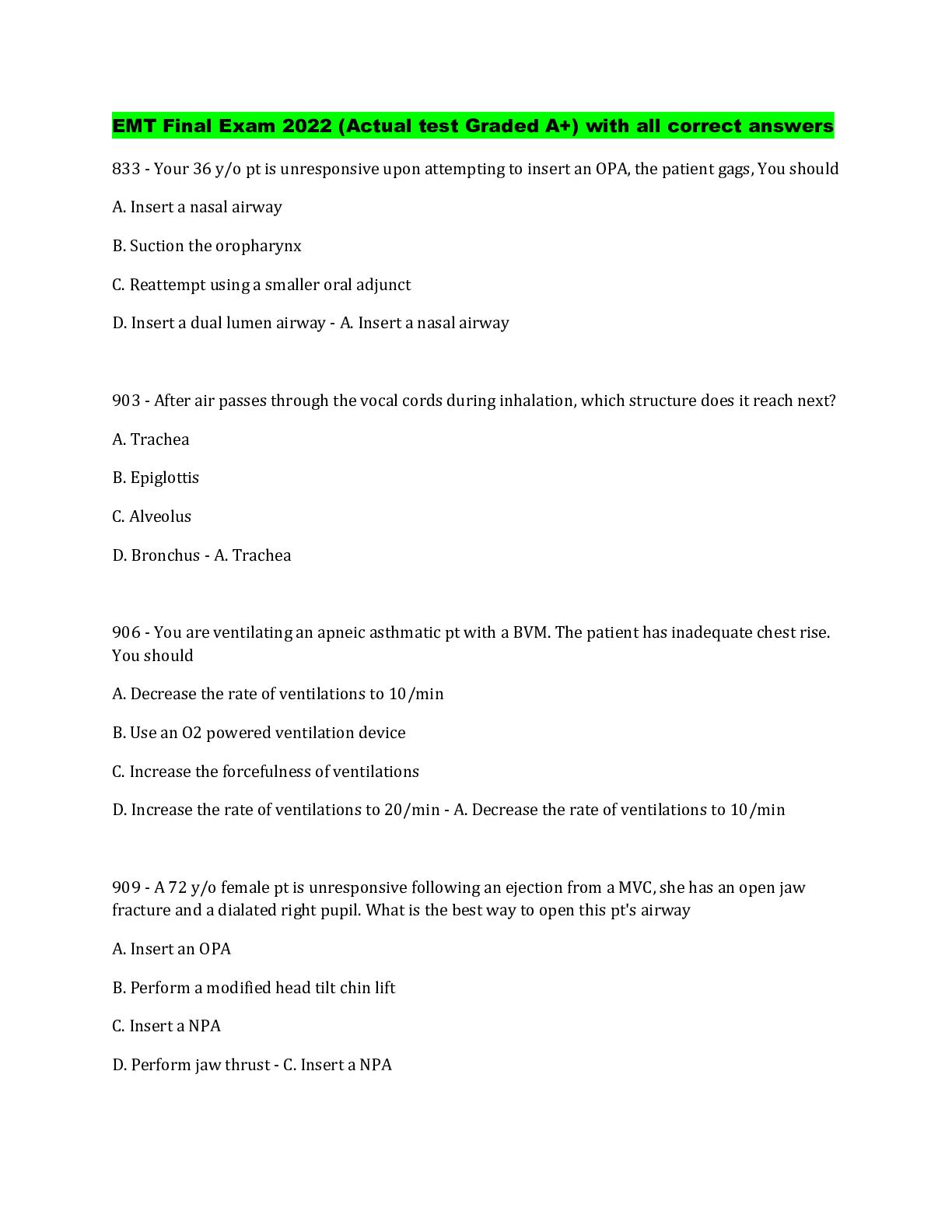 Preview image for EMT Final Exam 2022 (Actual test graded A+) with all correct answers